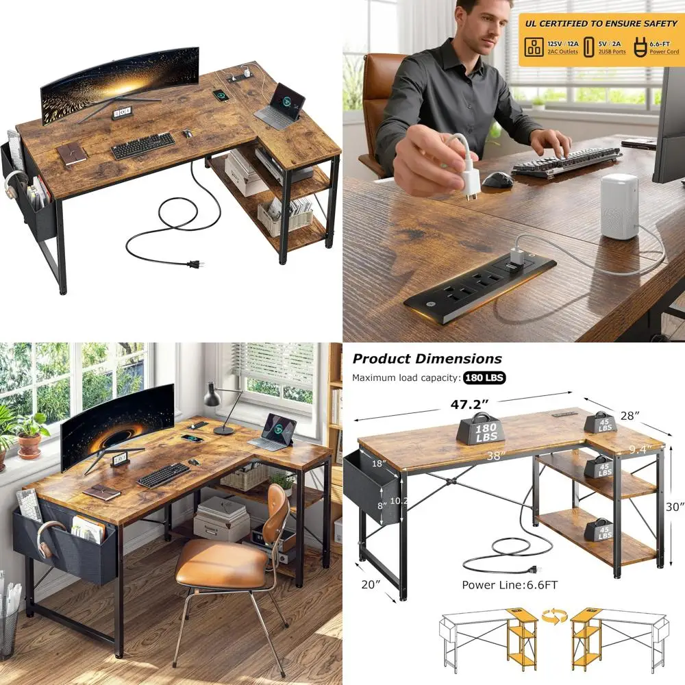 

L-образный 48-дюймовый игровой стол с боковым хранилищем и розетками, компактный угловой стол с двусторонними полками