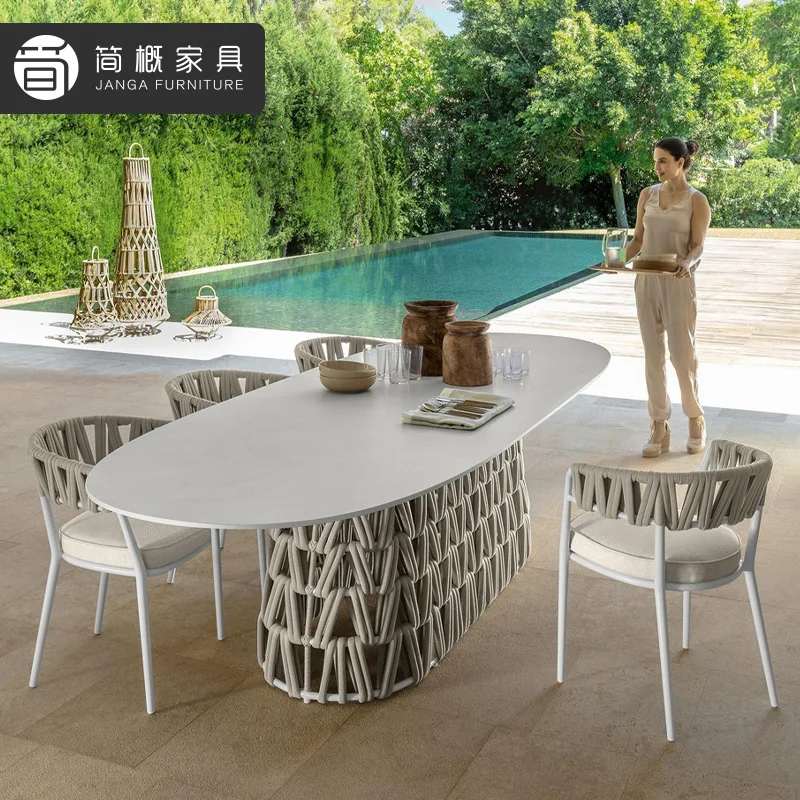 في الهواء الطلق فيلا شرفة بلاطة الصخور طاولة طعام حديقة فناء طاولات وكراسي الروطان مقاوم للماء وواقي من الشمس