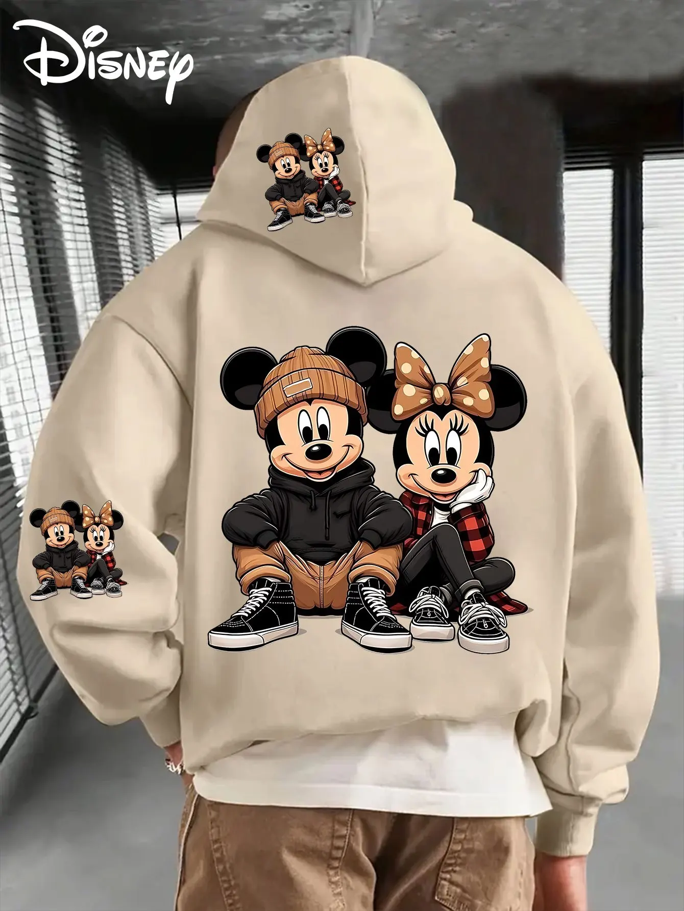 Unisex Disney Mickey Minnie Fleece-Baumwoll-Kapuzenpullover, schwarz, sitzend, Strickmütze und kariert, großer Rückendruck, Kängurutasche, lockere Passform