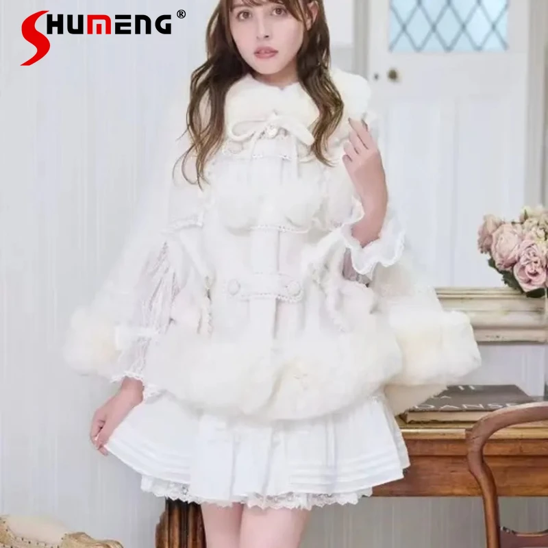 

Japanese Lolita Elegant Chic Design Lace Trim Bow Cape Coat Gentle Sweet Thick Woolen Overcoat Y2k Double-breasted Cloak Jacket