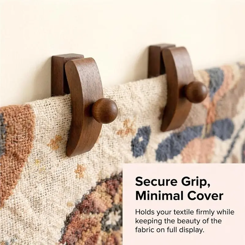 M11K-Secure Grip Wooden Fabric Hanging Clamps, 4-Pack Walnut Wood Tapestry Hangers For Quilt, Rug And Fabric Wall Display