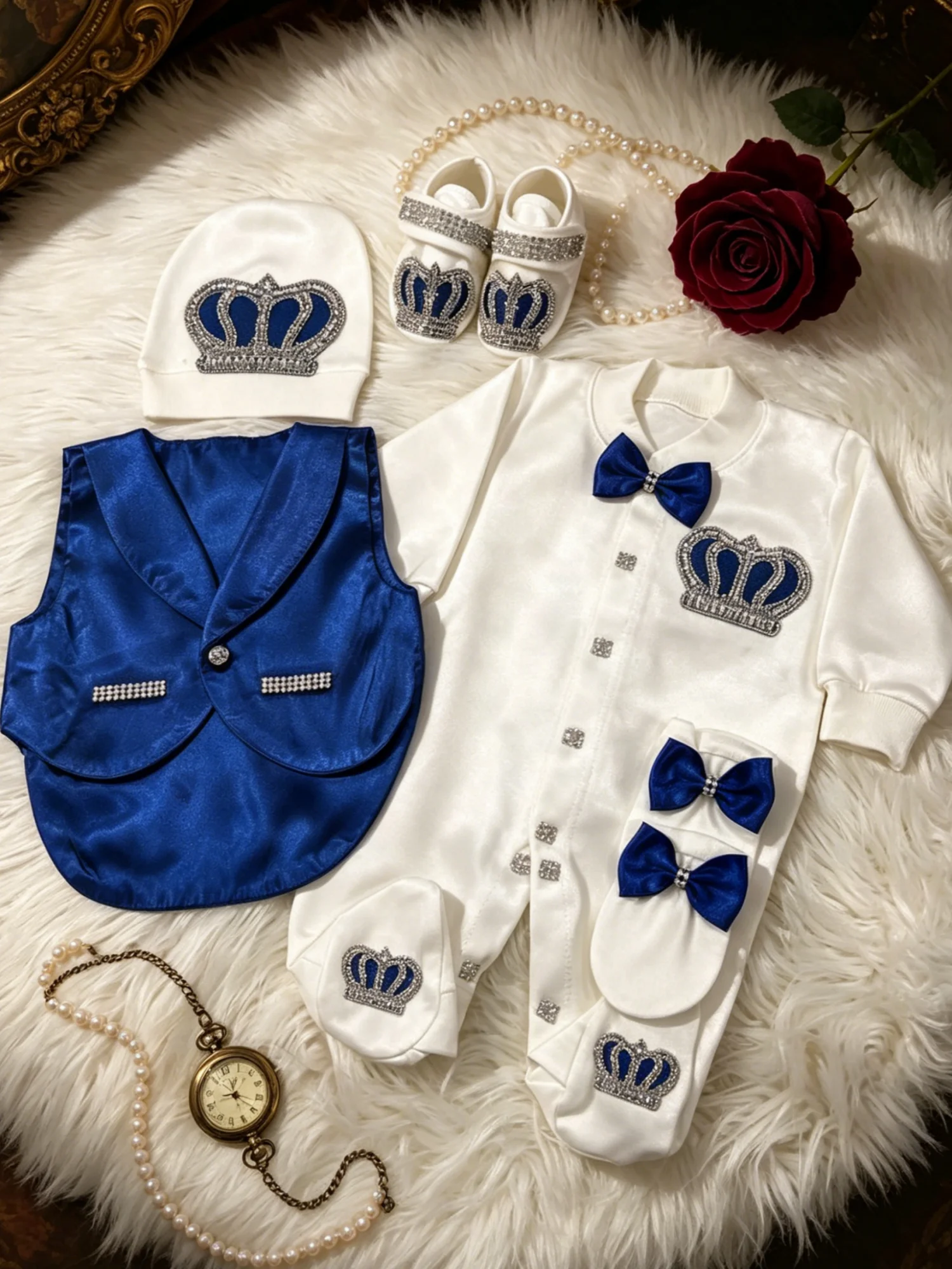 Luxury Gentleman Prince Baby Outfit 0-9 Months 5Pcs Pure White Royal Blue Satin Vest Rhinestone Crown Formal Baptism Gift Set