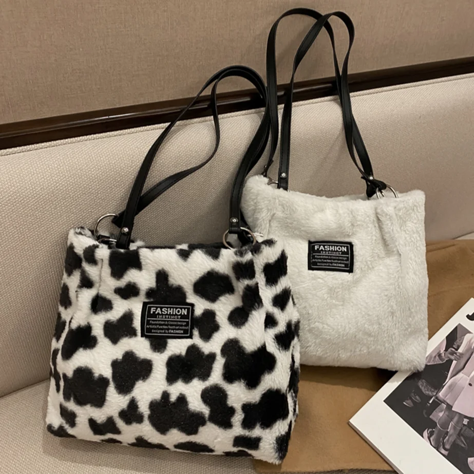 Zebra Stripes Cow Pattern Vintage Underarm Bag Autumn&Winter Soft Plush Tote Women's Fluffy Creative Handbag Ladies Shoulder Bag