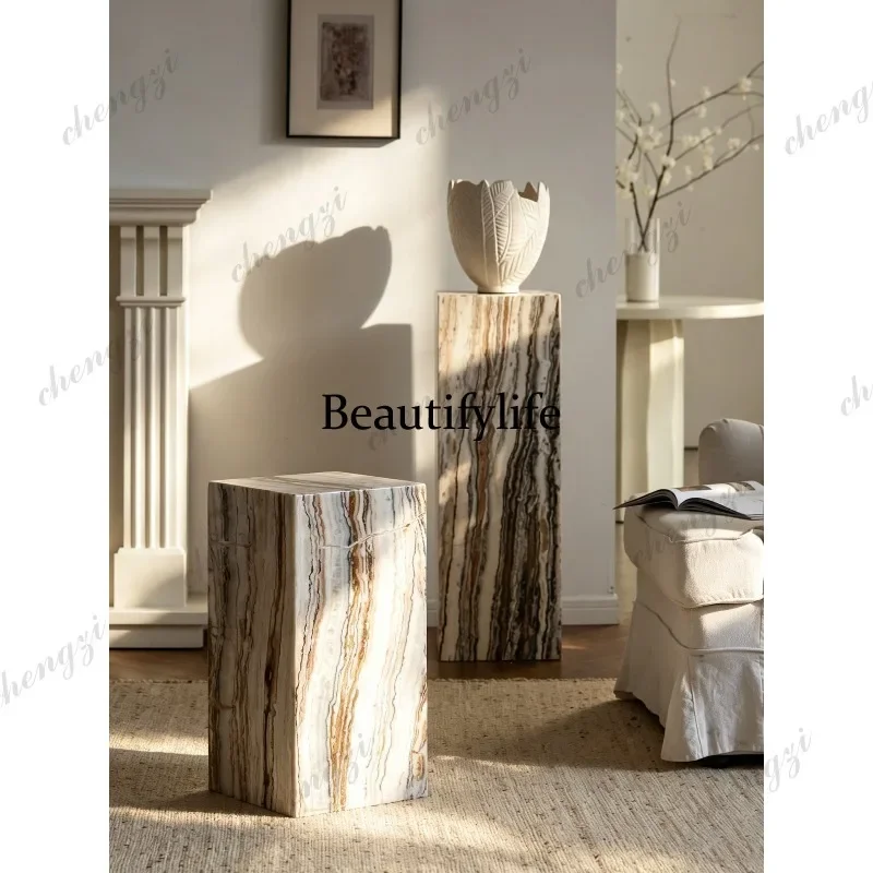A52 French retro marble base medieval sculpture display stand floor ornament travertine column decorative pier
