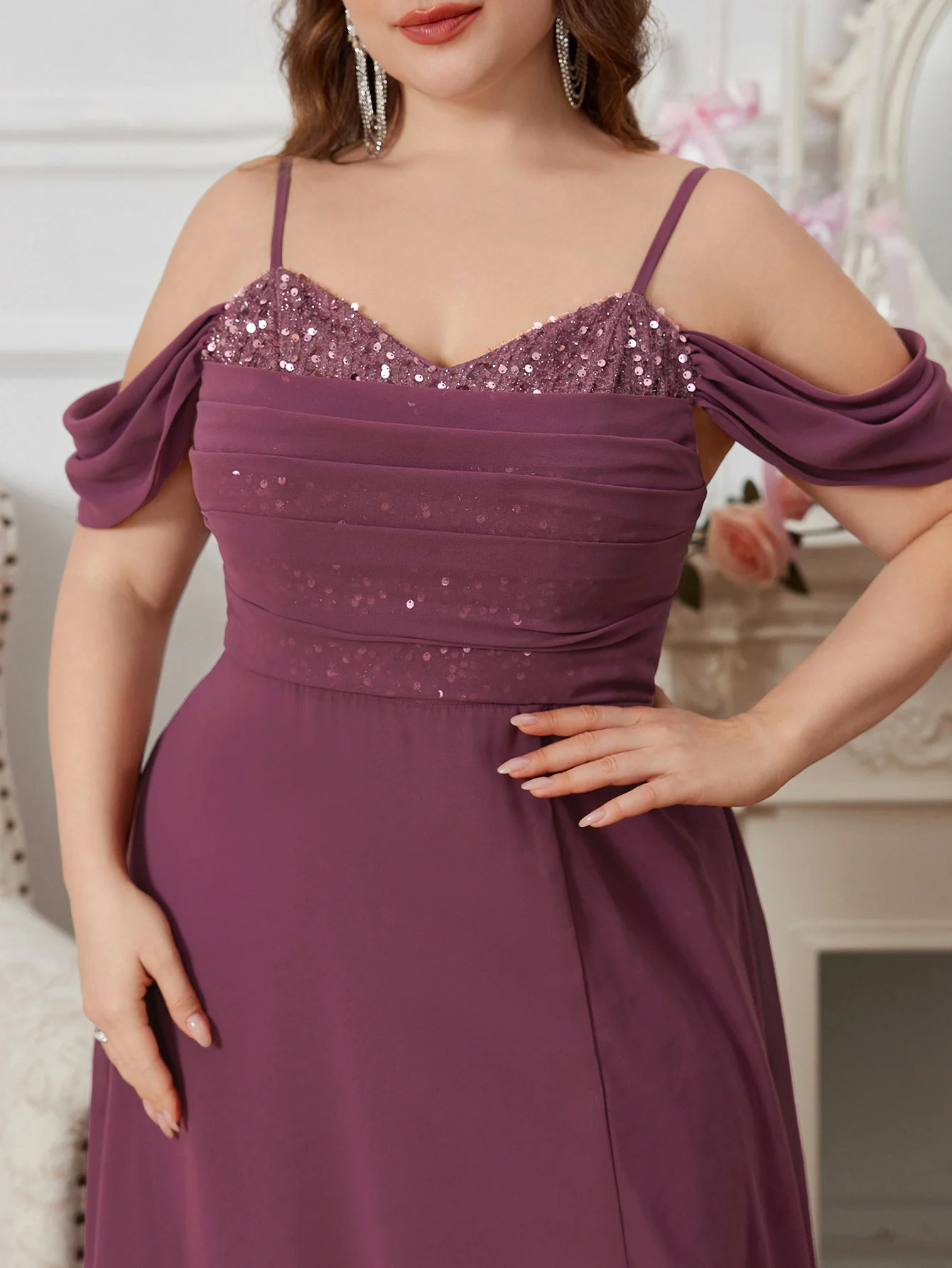 UNITHORSE Plus Size Backless Slit Dress With Sequin, Heart Neck Pleated Front, Recycled Fabric, Earth-Friendly Women's Dress view 6