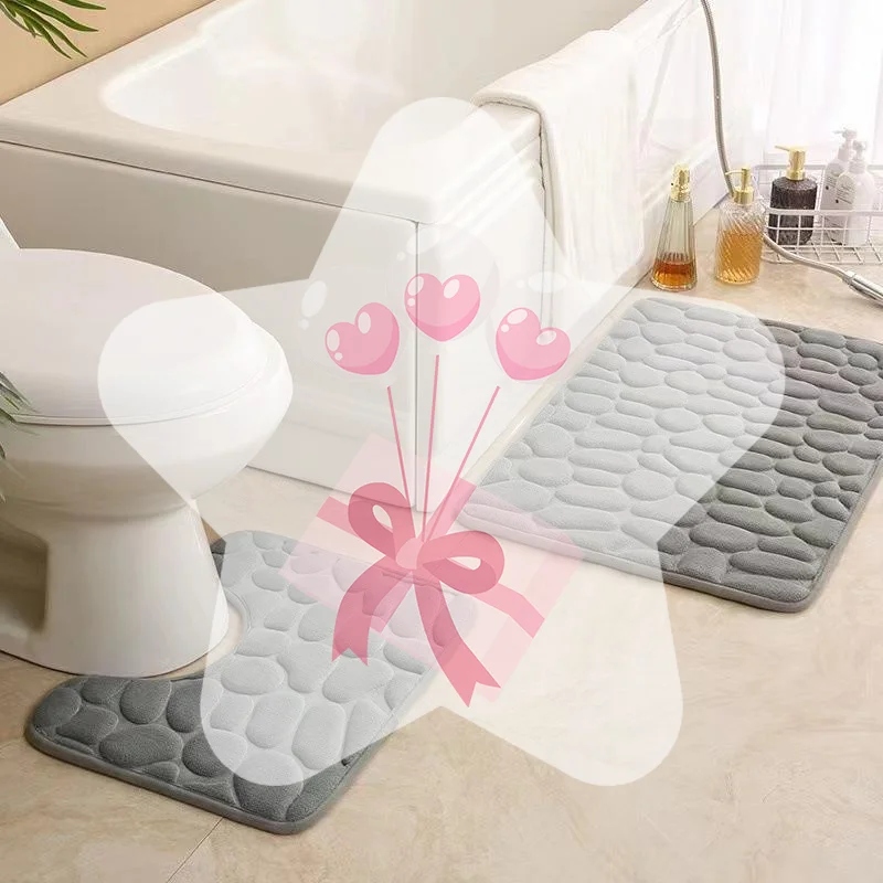 Grey Soft Bathroom Rug Set Non Slip Absorbent Pebble Design 1/2 Piece for Bathtub Entrance Floor Mat