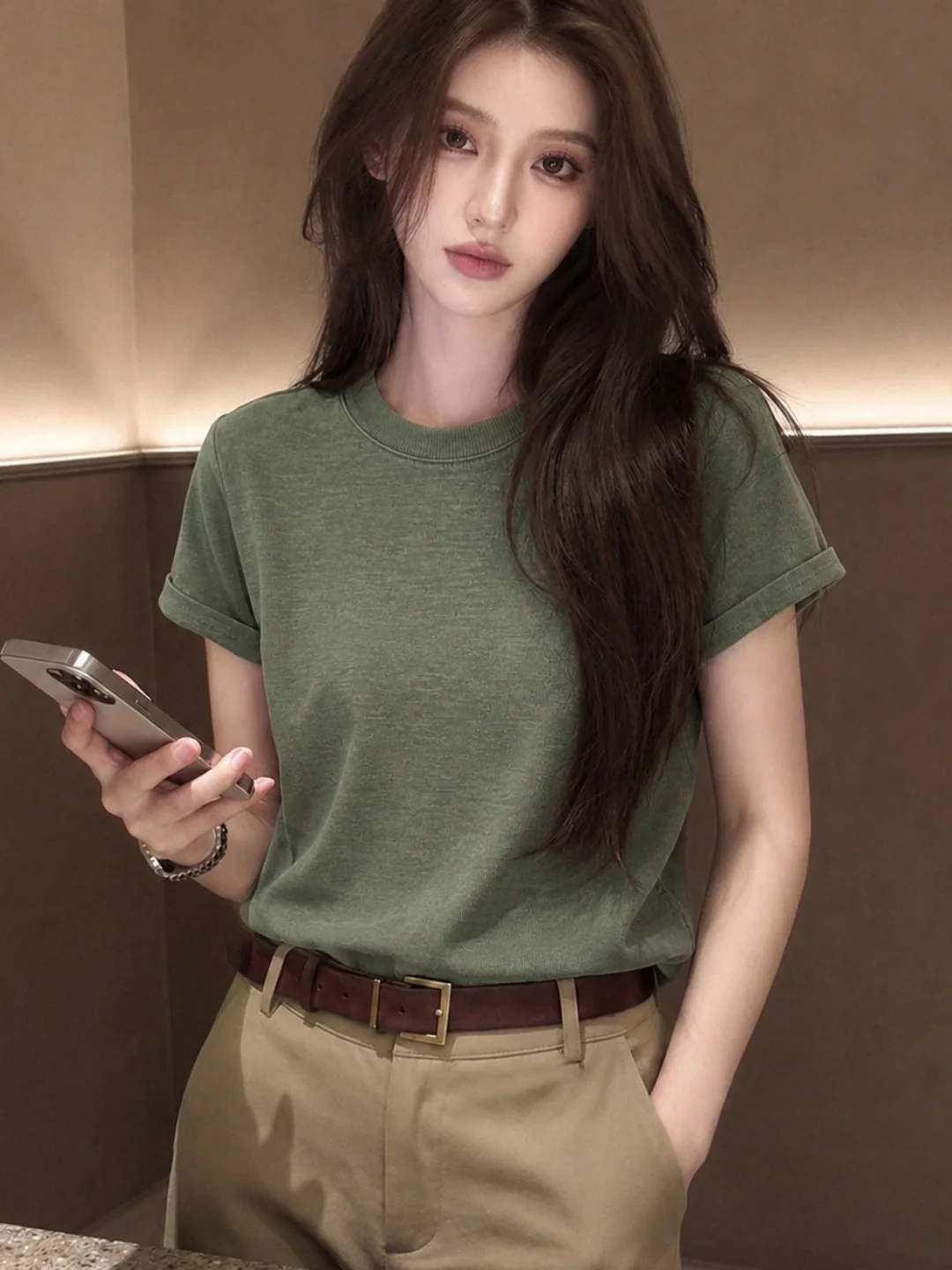 

Summer Casual Style Pure Color Short Sleeve T-Shirt Women's Soft Cozy round Neck Top Versatile Basic Knitted Summer Shirt