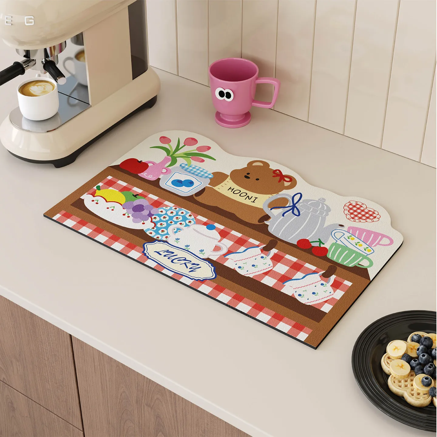 VIKAMA cute cartoon bear retro plaid kitchen drying mat tea set fruit kawaii stylish stove top countertop absorbent non slip rug