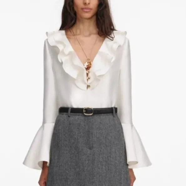 

Satin V-Neck Blouse for Women with Ruffles Long Flared Sleeves Simple Female Top Autumn 2026