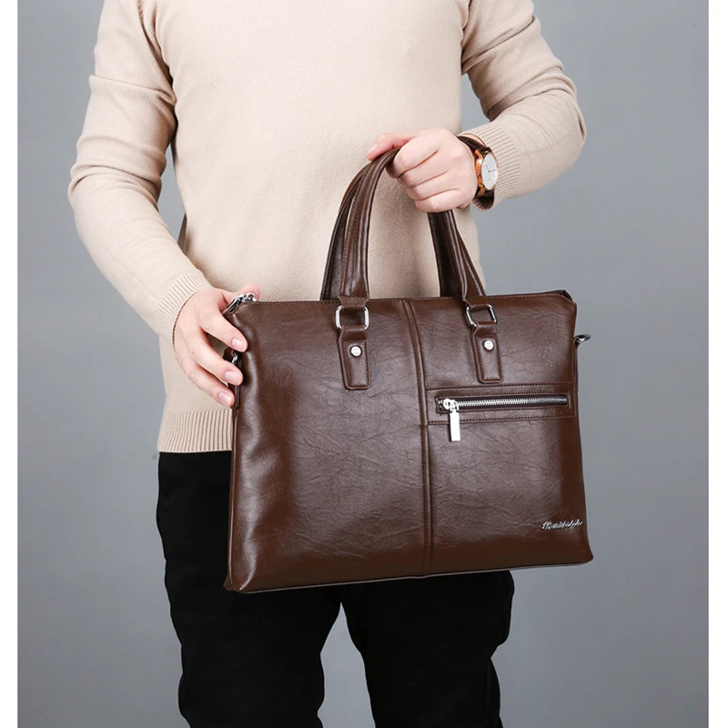 กระเป๋าเอกสารหนัง PU สำหรับผู้ชาย กระเป๋าถือธุรกิจ กระเป๋าสะพายข้างใส่แล็ปท็อป ทรงสี่เหลี่ยม พกพาสะดวก กระเป๋าถือแบบสะพายข้าง