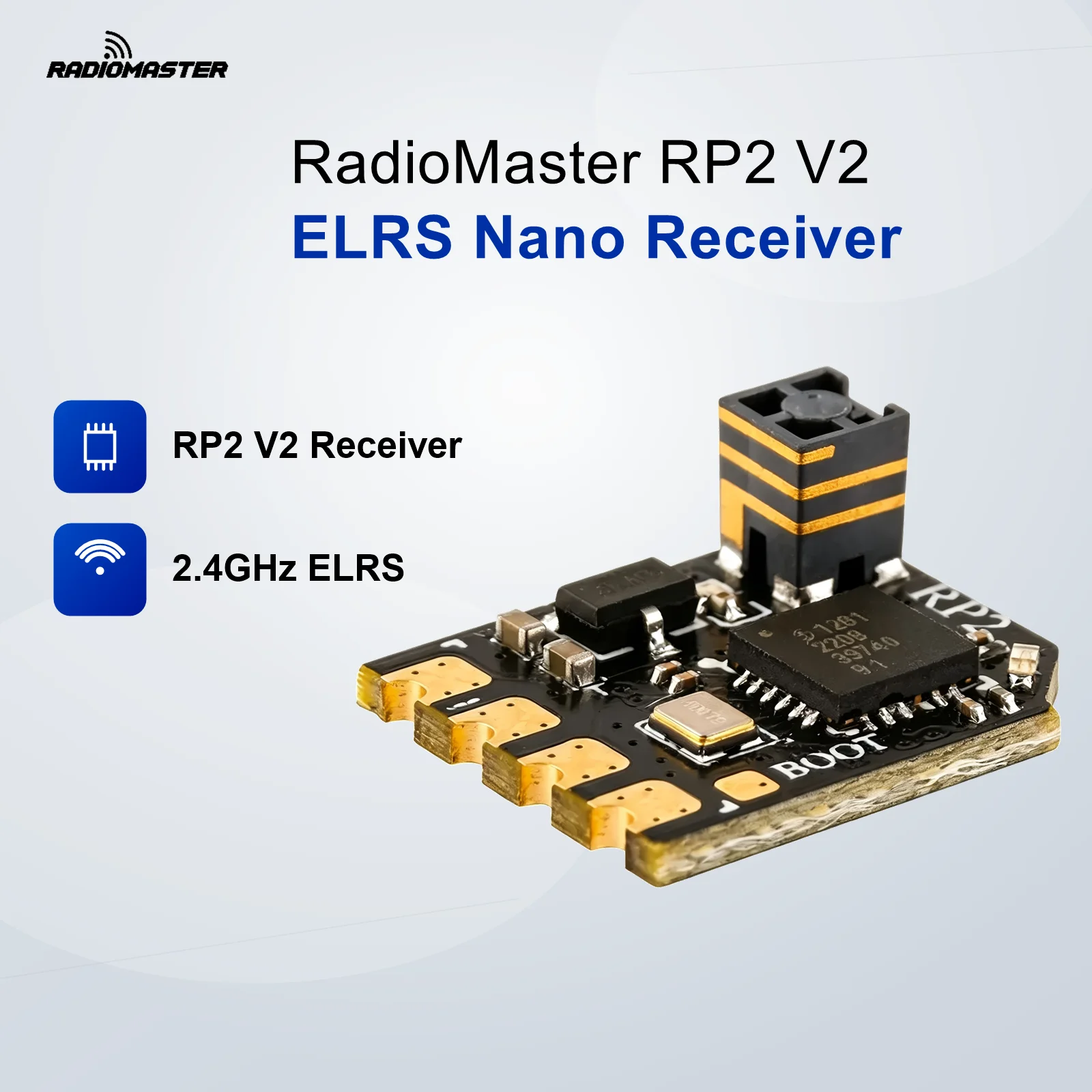 Récepteur Nano RadioMaster RP2 V2 ExpressLRS ELRS 2.4GHz 500Hz F1000Hz CRSF TCXO pour Drone FPV de Course, Whoop, Avion RC, Aile Fixe