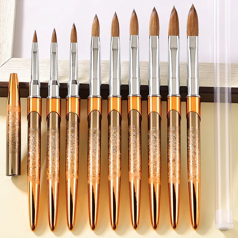 Pennello per unghie acrilico Kolinsky al 100% Manico in rilievo dorato ondulato ovale Qualità professionale del salone per polvere acrilica Dimensioni 2-18 #