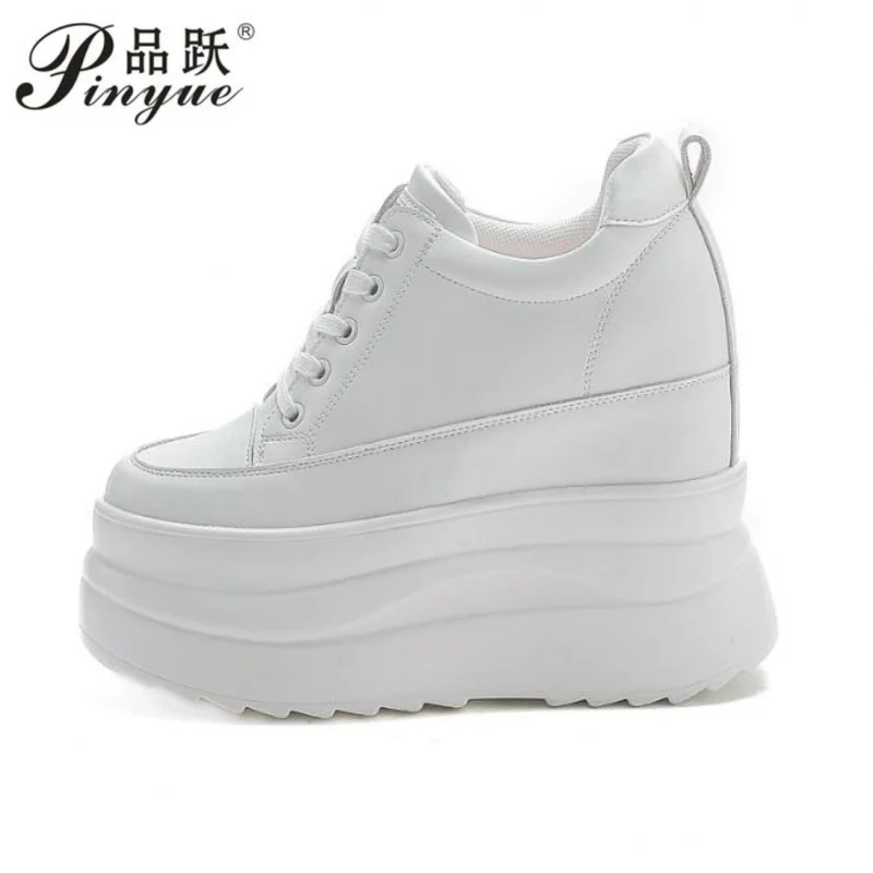 

13CM Genuine Leather Casual Comfy Breathable Spring Autumn Platform Wedge High Brand Chunky Sneaker Ladies Fashion Walking Shoes