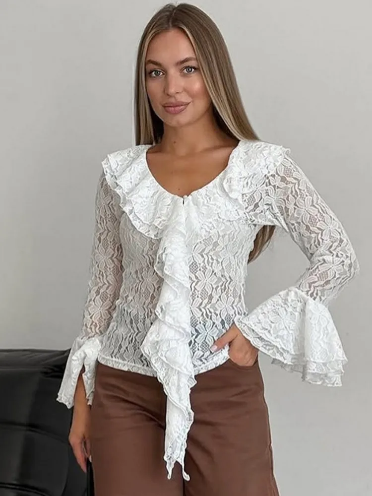 여성 레이스 블라우스 2026 봄 가을 긴팔 블라우스 여성 블라우스 셔츠 오피스 우아한 워크 셔츠 탑 블루사스 무헤르 데 모다