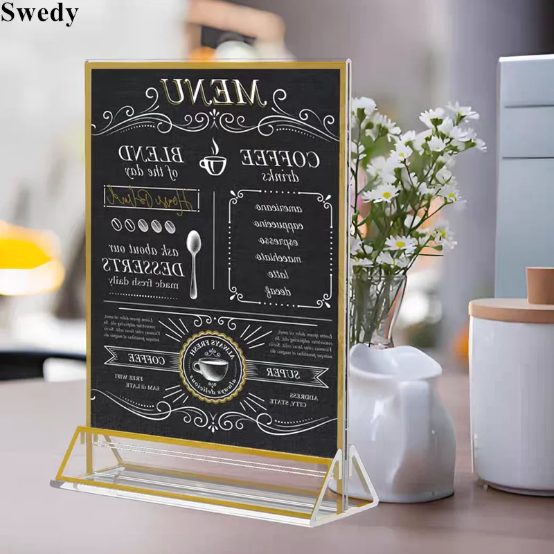 5 Pieces A6 100x150mm Acrylic Sign Holder Display Stand Gold Edge Table Number Menu Paper Holder Photo Picture Poster Frame