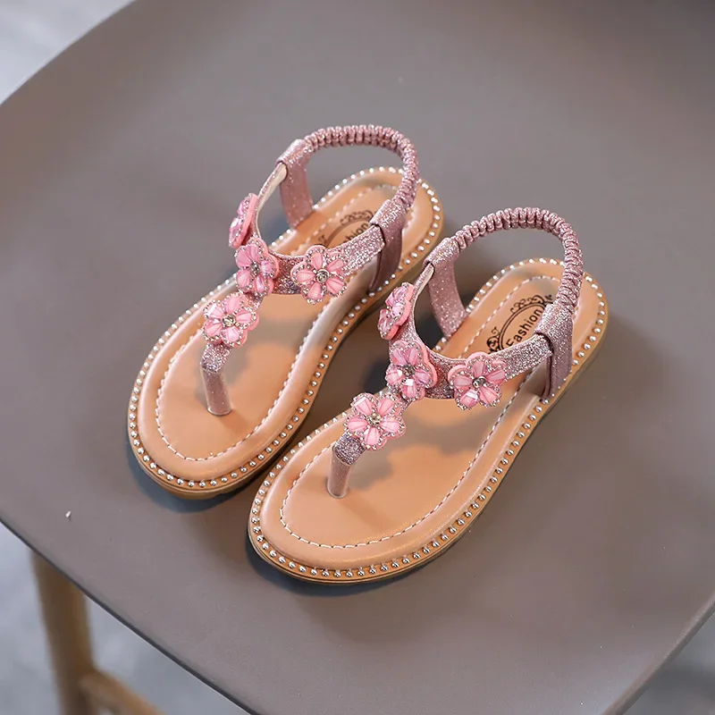 Summer New Girls Sandals Flowers Leather Princess Shoes Soft Sole Kids Shoes Sandalias Baby Child Sandals Solid Color Flip Flops