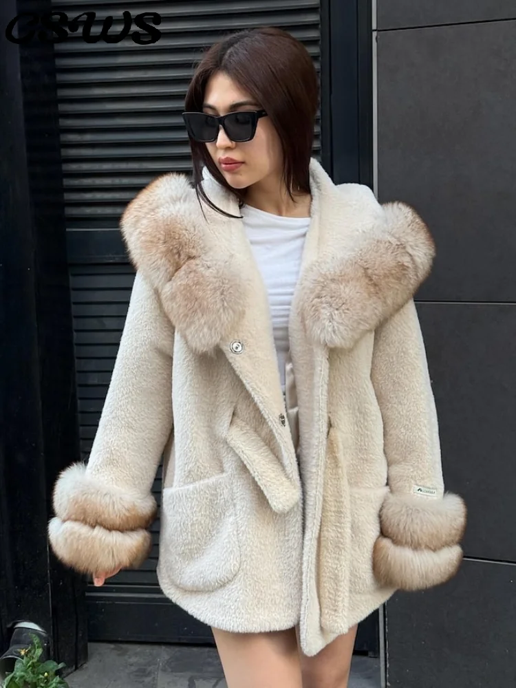 

Casual Patchwork Belt Coat Women Faux Fur Collar Lace Up Pockets Thicken Lady Coats 2025 Winter Chic Female Street Outerwear