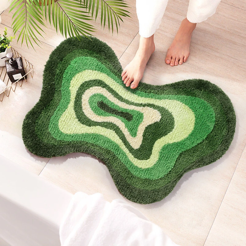 Original Design Irregular Abstract Area Rug for Bathromm Fluffy Bath Carpet Green/Blue Water-Absorbed Floor Mat Entrance Doormat