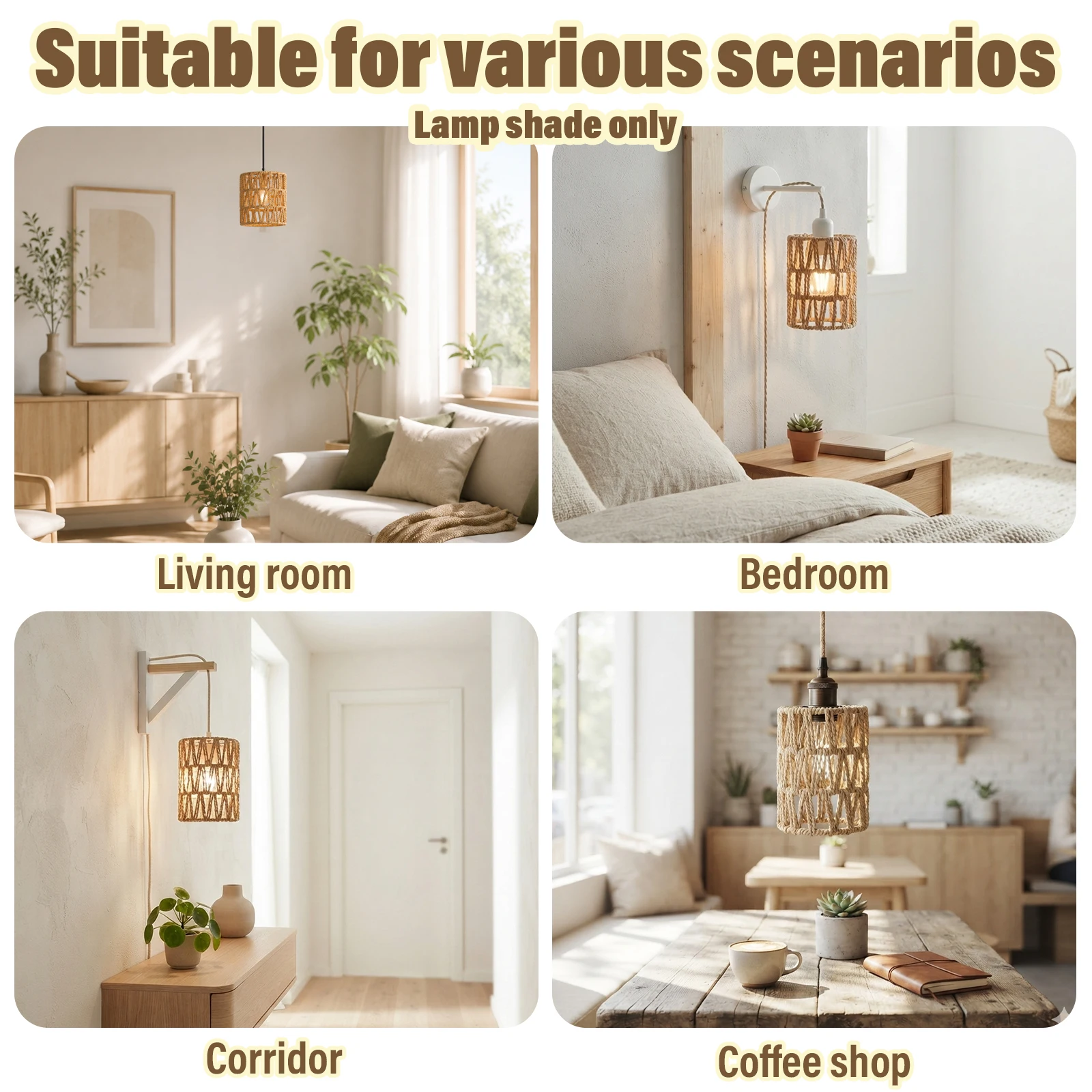 Farmhouse Rattan Rope Lamp Shade, Waisted Cylinder Lantern Cover for Pendant Bedroom Decor
