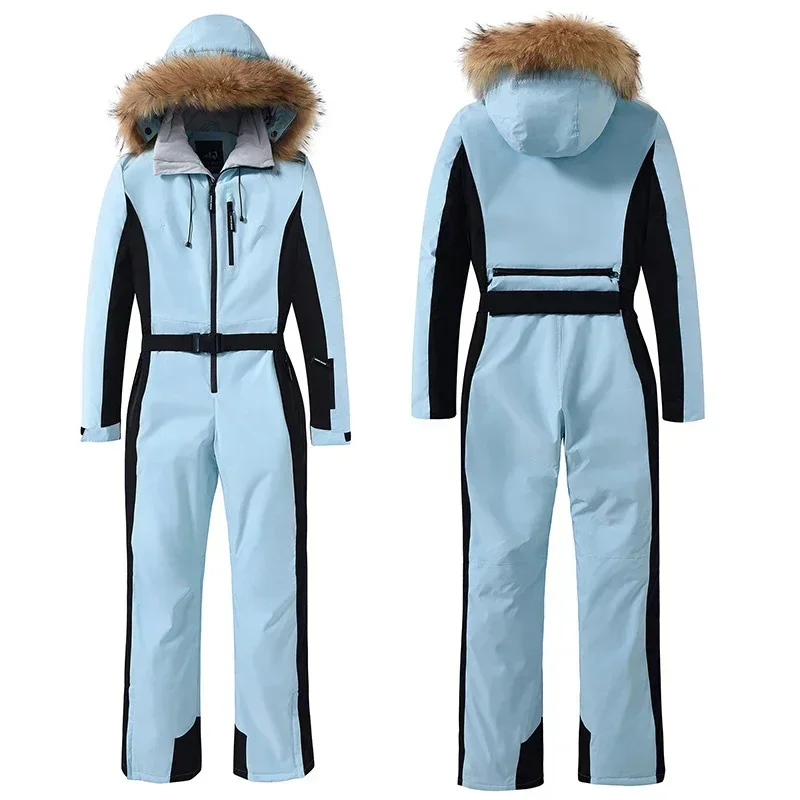 Winter Slim Women One Piece Snow Suit Fur Hooded Woman Snowboard Overall Outdoor Mountain Female Ski Jumpuist Insulated Clothes