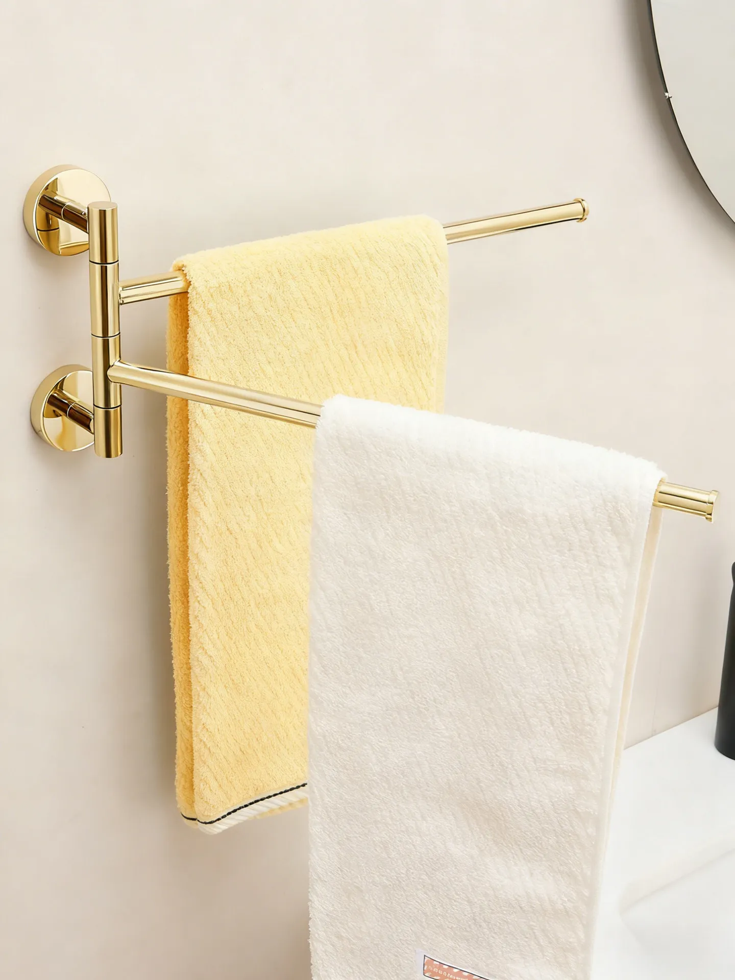 Bathroom towel rack non-punching wall high-end all-copper gold rotating simple towel hanging rod folding rack