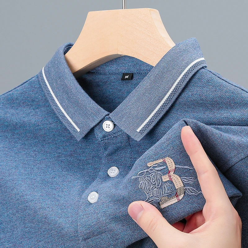 

Осенняя новая мужская рубашка поло 100, хлопковая футболка с лацканами и вышивкой, футболка с длинными рукавами, высокое качество, модная деловая умная мужская одежда