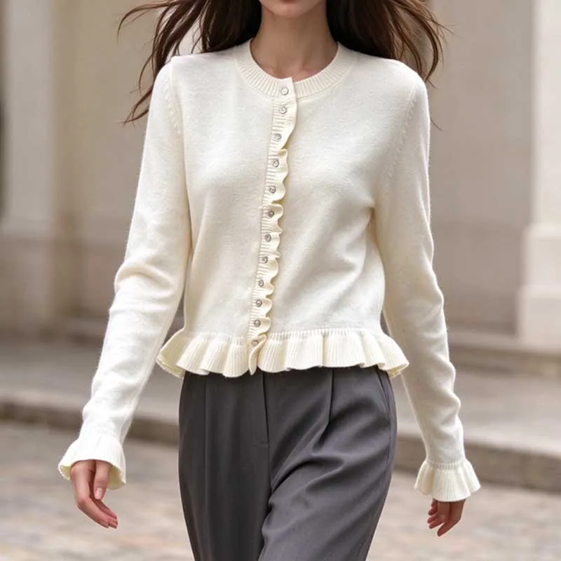 New Elegant Ruched Soft Sweater Spring Autumn Women Round Neck Top Ruffled Trim Knit Cardigan Hem Versatile Knitted Jacket Outer