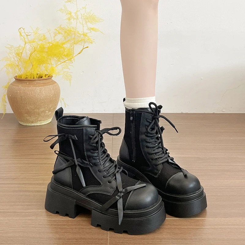 Thick-soled Bow Boots for Women 2026 Autumn New Versatile British Style Leather Shoes
