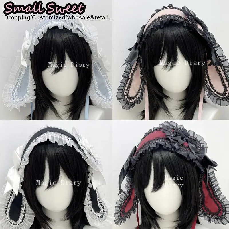 

Women Subcultural Y2K Girl Rabbit Ear Lace Ruffle Bunny Ear Hairband Hairpin Goth Headwear Doll Gothic Lolita Cute Headband