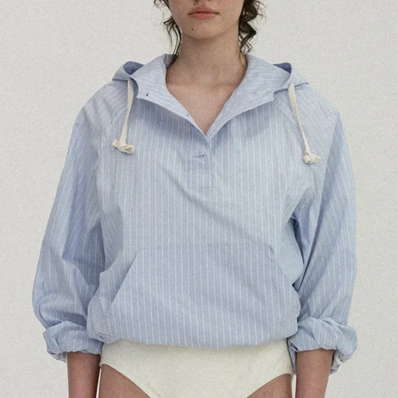 

Рубашки в полоску с капюшоном и длинными рукавами, блузки, свободные повседневные майки, весна 2024, новые женские топы, офисные женские топы с карманами, блузка Ropa