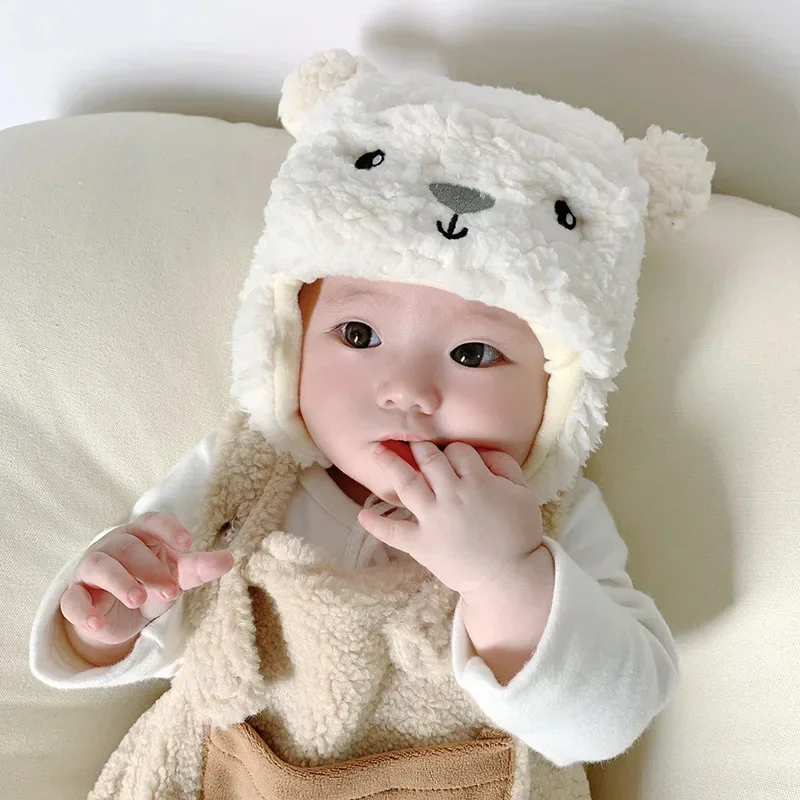 Warm Furry Baby Hat for Boy Girl Cute Cartoon Bear Plush Infant Baby Bonnet  Autumn Winter Warm Earflap Toddler Accessories