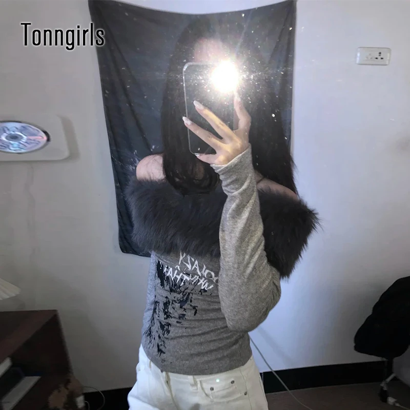 

Tonngirls Harajuku Print T-shirt Women Long Sleeve Off Shoulder Slim Crop Tops Streetwear Fur Collar Tee Tops Autumn Winter Tops
