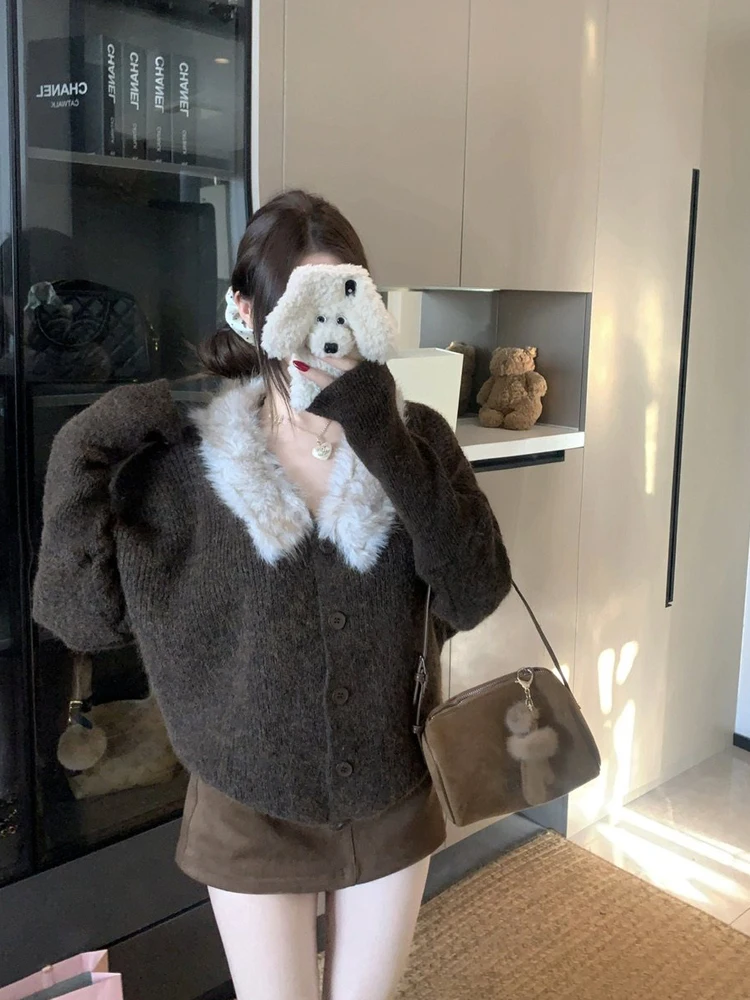 

Ladies Loose Fit Long Sve Knitted Sweater with Fur Collar Casual Sle V Ne Spring New Arrival Faionable Top Trendy