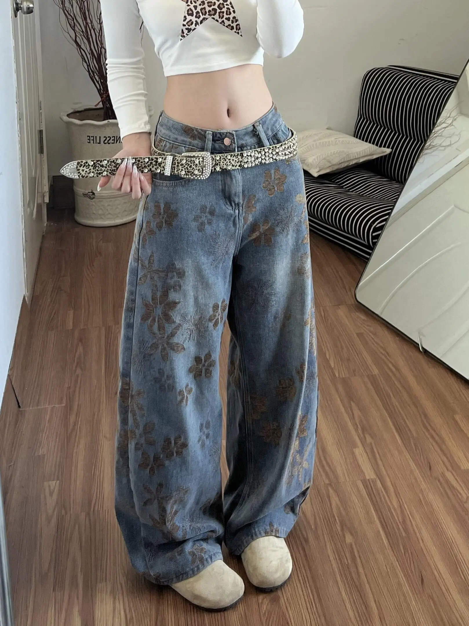 Retro American Floral Print Wide Leg Jeans Women's Autumn Winter Loose Fit Slimming High Waist Denim Pants Casual Style