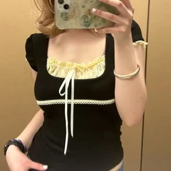 Vintage Milkmaid Top Patchwork Lace Pleated Square Collar Short Sleeve T-shirt Women Summer Tees Y2K Aesthetic Coquette Clothes