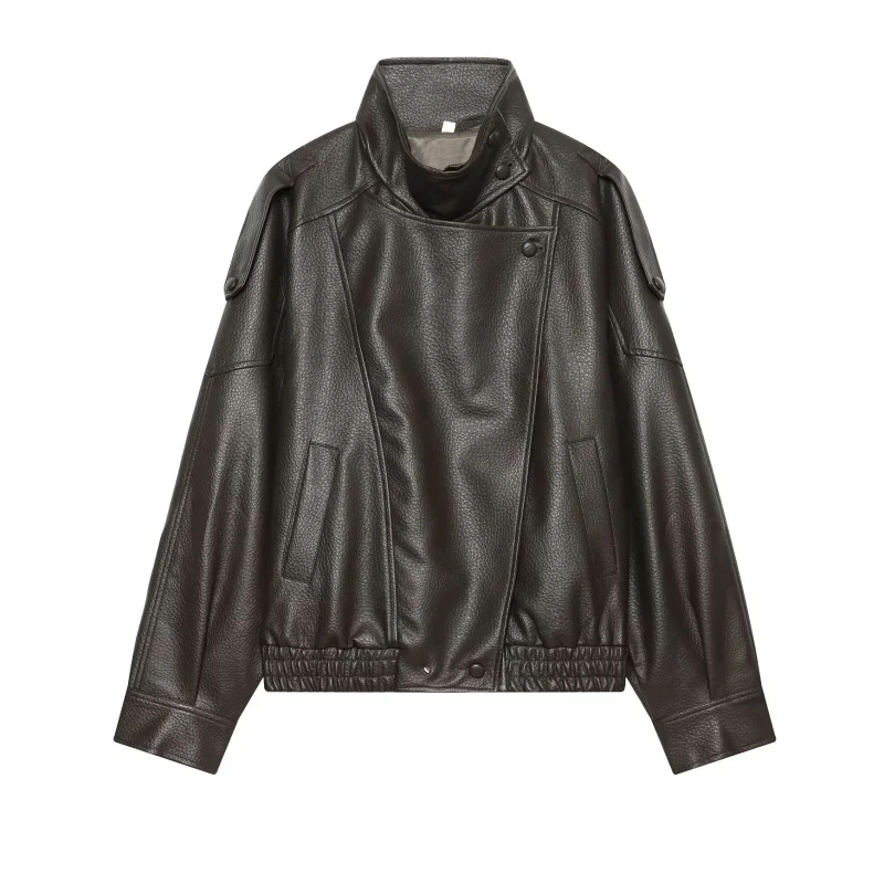 2026 Autumn New Collection Trendy Female PU Leather Coat Stand Up Collar Long Sleeves Jacket Women Loose Outerwear With Pockets