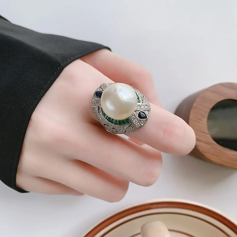 

Модное ювелирное украшение из меди с золотым покрытием, имитация жемчуга, инкрустированное бриллиантами, элегантное роскошное кольцо 14 мм