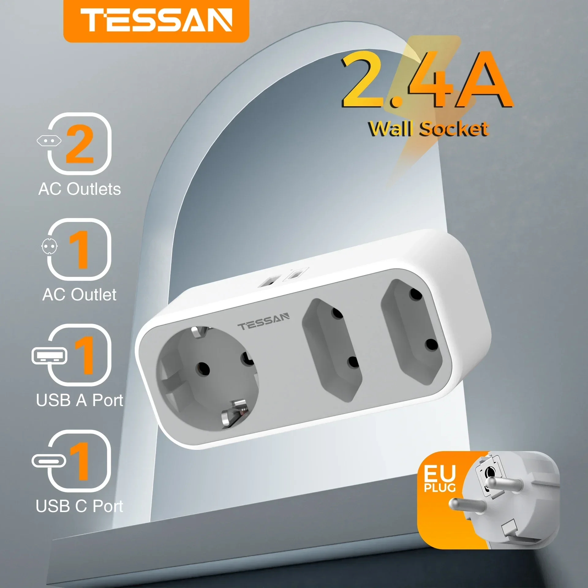 TESSAN Multiple Wall Socket Power Strip with 3 Outlets 1 USB A 1 Type C 5-in-1 Plug Adapter with Overload Protection Умный Дом