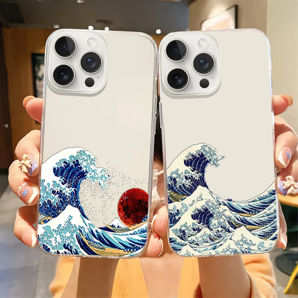 The Kanagawa surf Great Blue Wave Phone Case for iPhone 12 11 13 14 15 16 Max Pro Plus Transparent Soft Shell