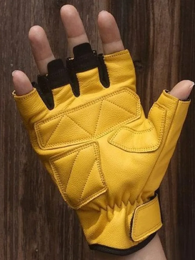 Mens Spring Summer Spliced Genuine Leather Motorcycle Driving Gloves Goatskin Half Fingerless Fitness Breathable Glove