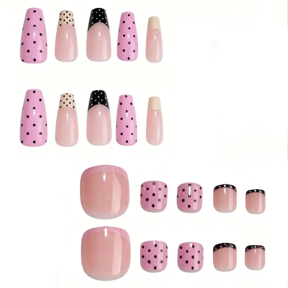 48Pcs Hand & Foot Press On Nails Set Y2K Yellow Black Polka Dot French Cream Solid Color False Nail Art Reusable Nail Tips JT39