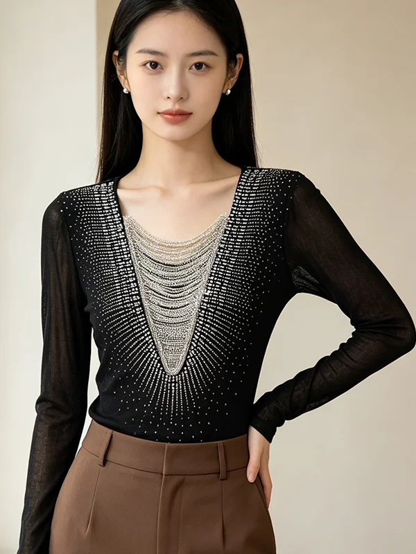 Fall Winter New Style Women's Heavy Work V-Neck Tassel Sequin Mesh Base Shirt Slimming Long Sleeve T-Shirt Commute Style