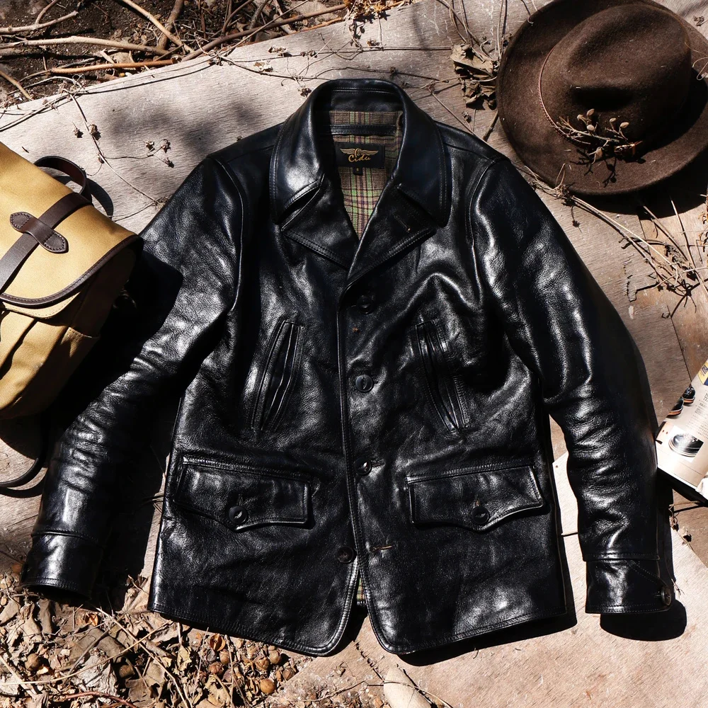 

YR!Free shipping.luxury tea core horsehide jacket,Classic switchyard leather clothes,Man quality Vintage genuine coat,