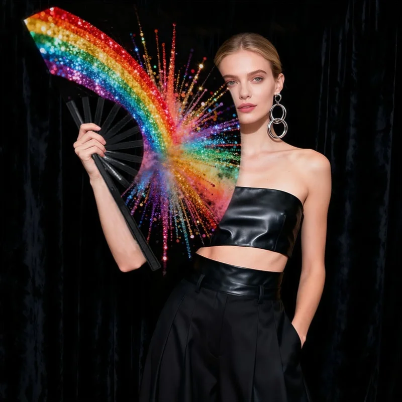 One Rainbow Hand Fan, Featuring a Vibrant Explosion Design, Made From, Foldable And with a Glow-In-The-Dark Effect, Perfect for Pride Events, Performances, Weddings, Parties, Cosplay, And Clubs - a Fashionable And Striking Cooling Fan for Men