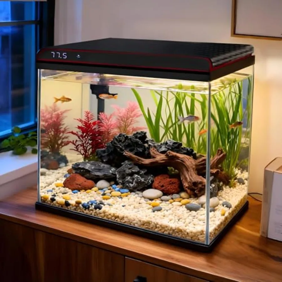 10 Gallon Glass Fish Tank for Home Aquarium Use, Clear Glass, Blue/Red/White LED Lights, Self-Cleaning with Quiet Filter Pump T