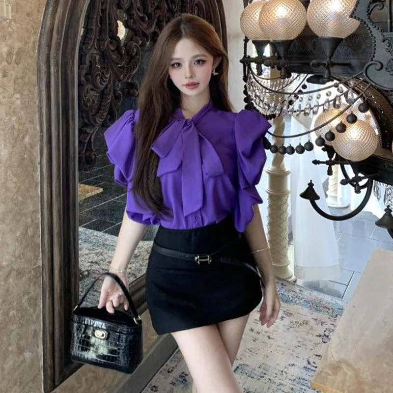 Temperament Bow Drawstring Fashion Elegant Purple Short Sleeved Shirt Summer Original Design Sexy Casual Solid Color Women\'s Top