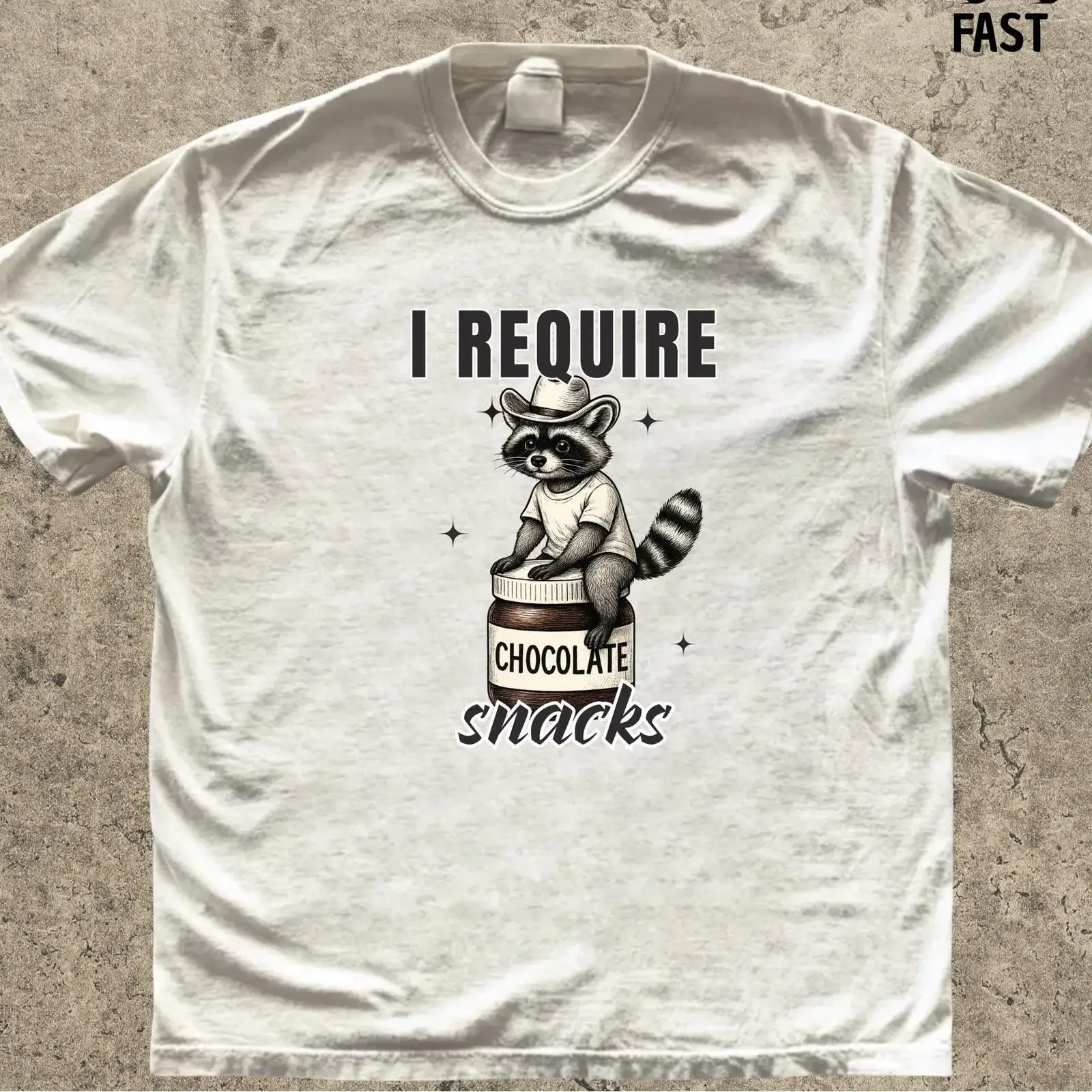 I Require Chocolate Snacks Raccoon Funny T Shirt Trash Panda Foodie Animal Lover Meme Casual Top vintage Washed graphic fashion