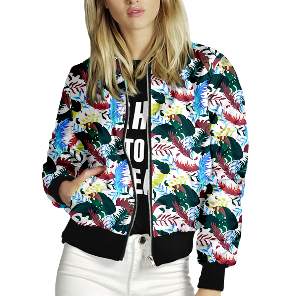 

Women's Jacket Tops Long Sleeves Plant Leaves Print Baseball Collar Zipper Coat Slim Lady Girls bomber Jacket Street Style