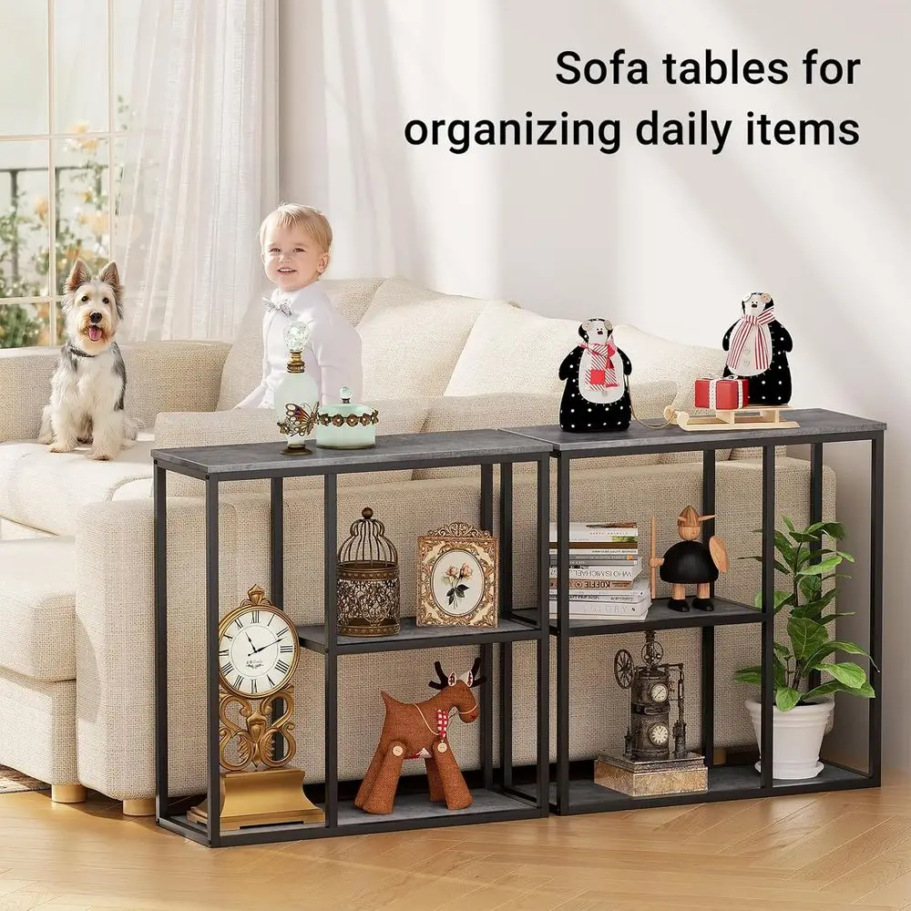 12 Grey 3-Tier Console Table for Narrow Entryways, 31.5 Industrial-Style Living Room Sofa Table