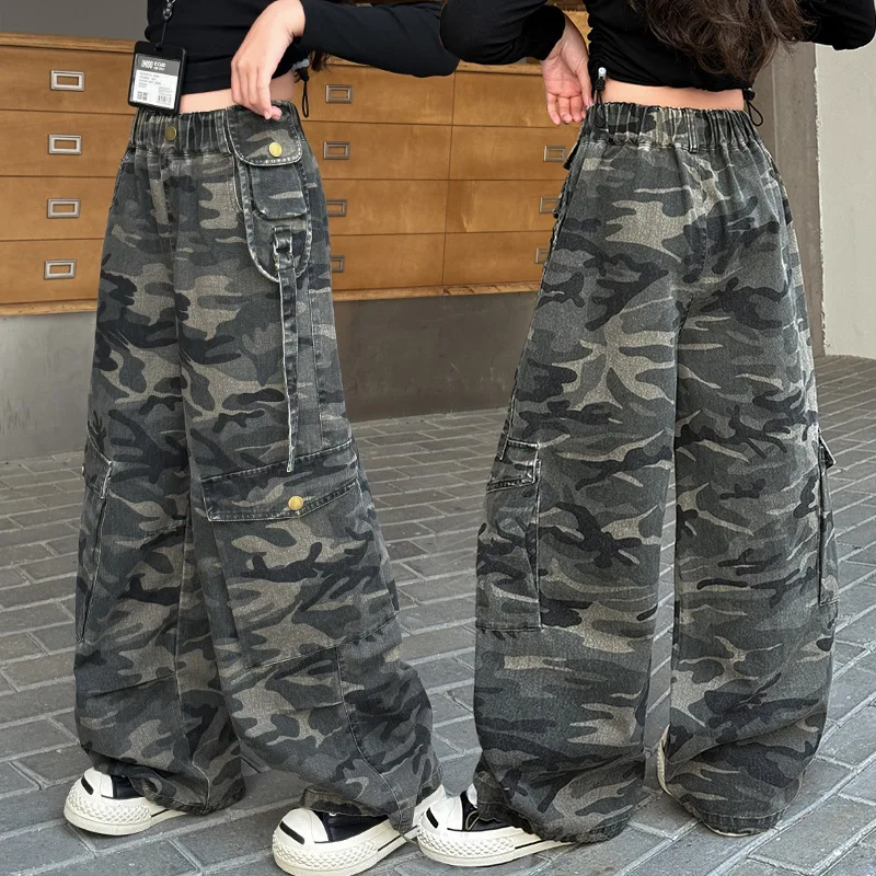 Mädchen Camouflage Cargo Hosen Frühling Herbst Neue Teenager Kinder Trendy Amerikanischen High Street Retro Lose Gerade Bein Hosen